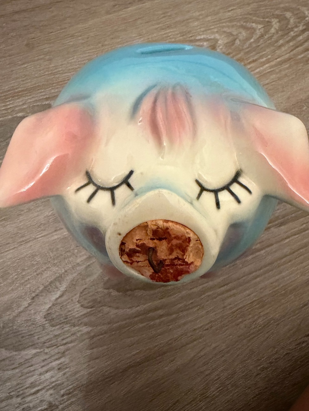 Vintage Pink Blue Corky Pig Piggy Bank Hull Art 1957